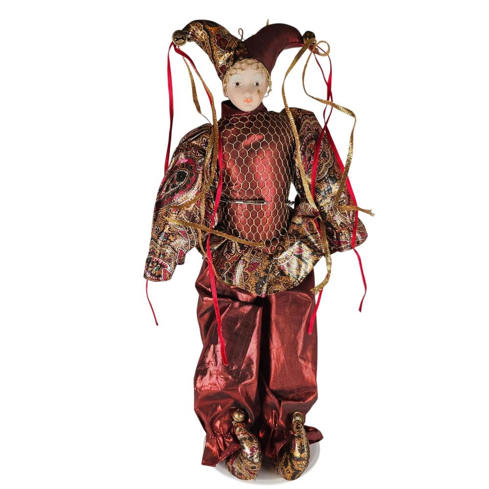 Porcelain Jester Doll 15" Red Gold Harlequin Costume Bells Ribbon Venetian Style